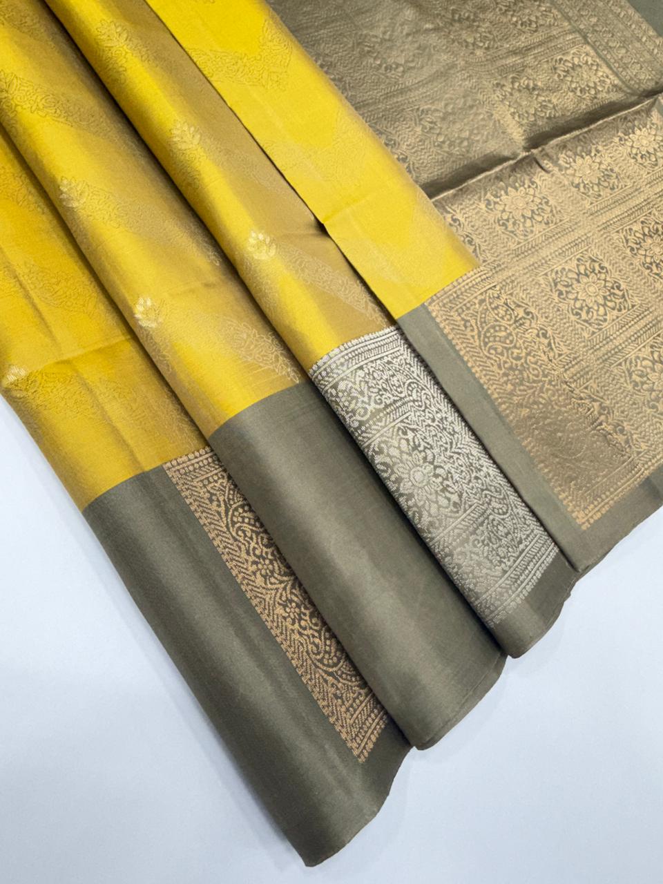 VSF1009 - pastel yellow color body & beige color pallu,blouse - Pure silk saree