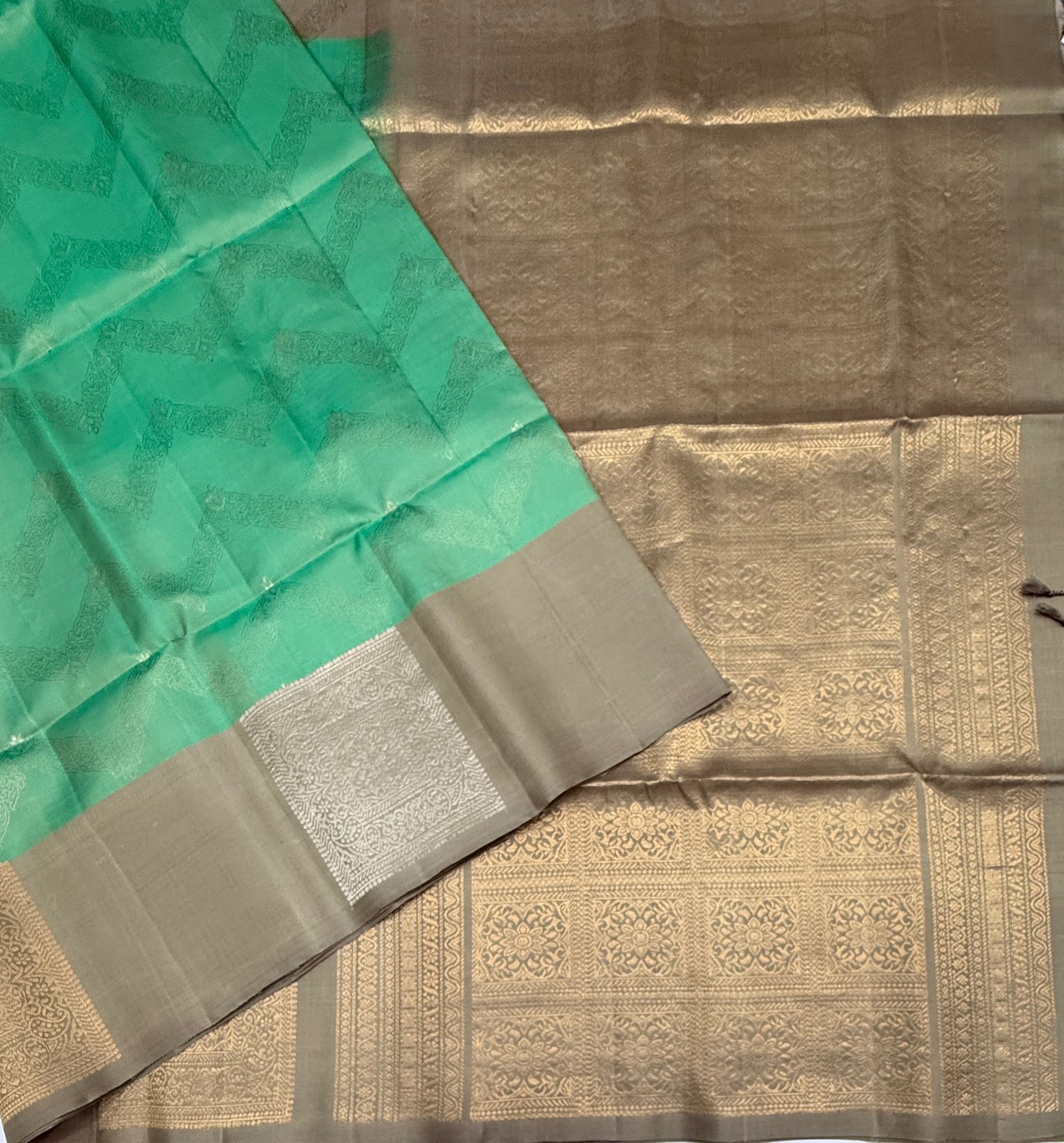 VSF1011 - pastel green color body & beige color pallu,blouse - Pure silk saree