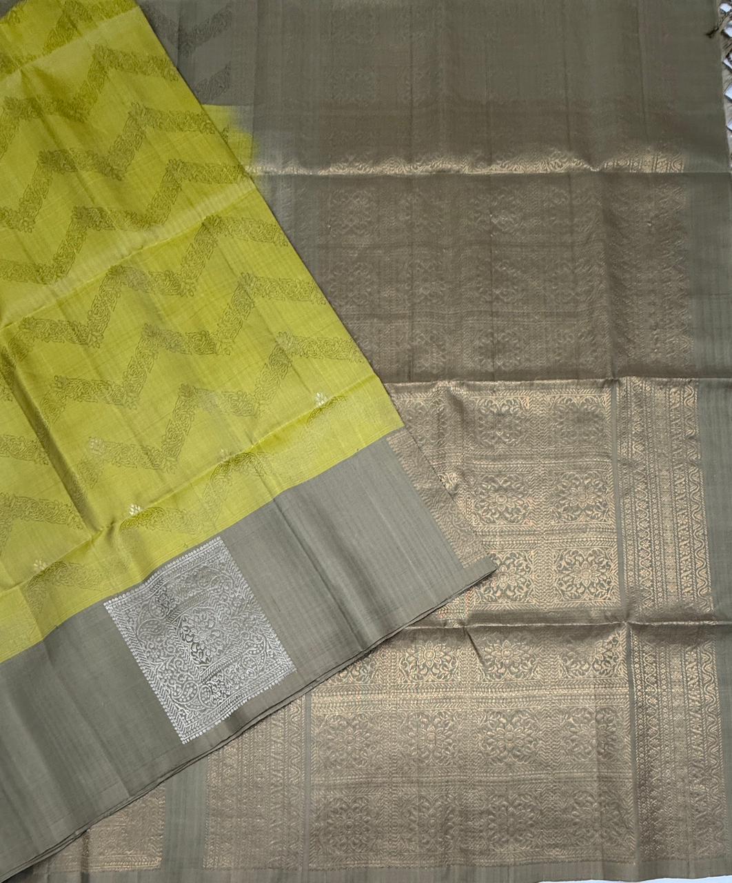 VSF1013 - yellowish green color body,beige color pallu,blouse - Pure silk saree