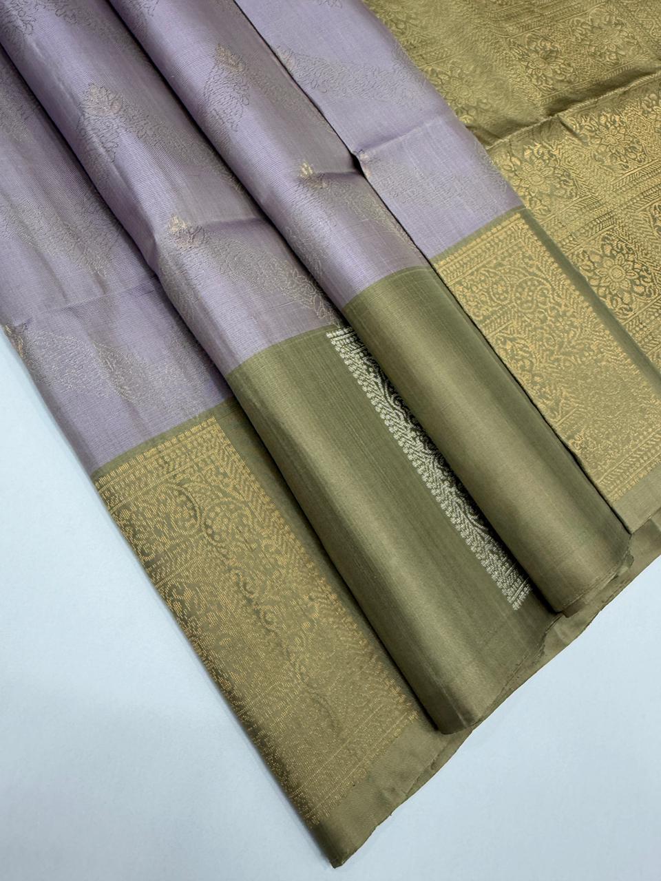 VSF1014 - lavender color body & beige color pallu,blouse - Pure silk saree