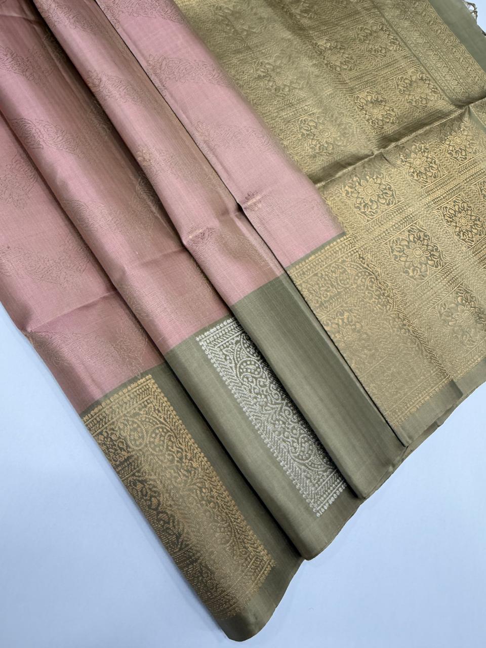 VSF1015 - light peach color body & beige color pallu,blouse - Pure silk saree