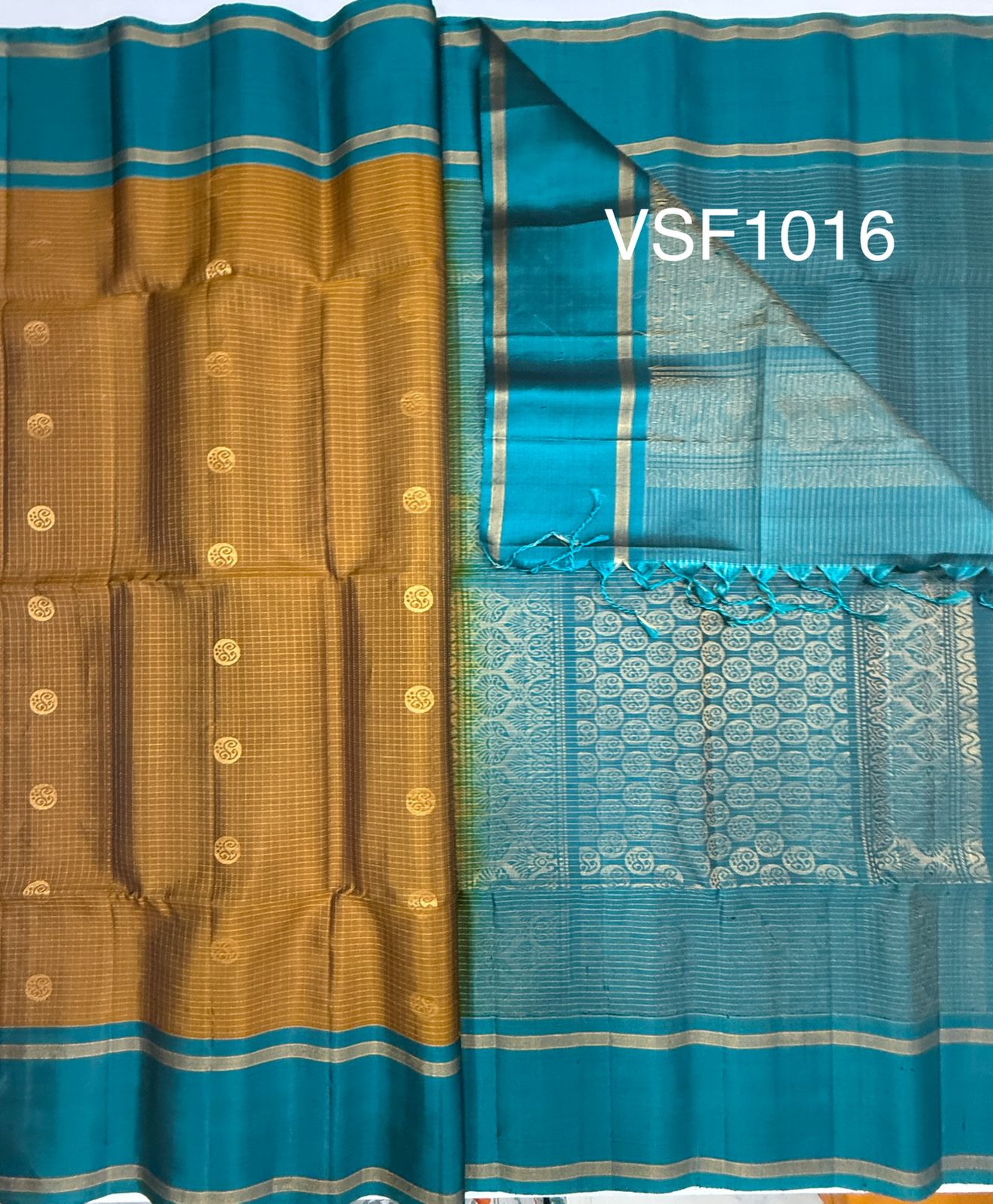 VSF1016 - honey brown color body & peacock blue color pallu,blouse - Pure silk saree