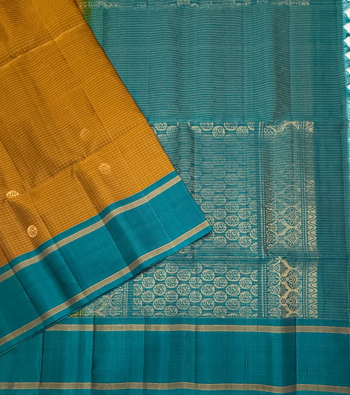 VSF1016 - honey brown color body & peacock blue color pallu,blouse - Pure silk saree