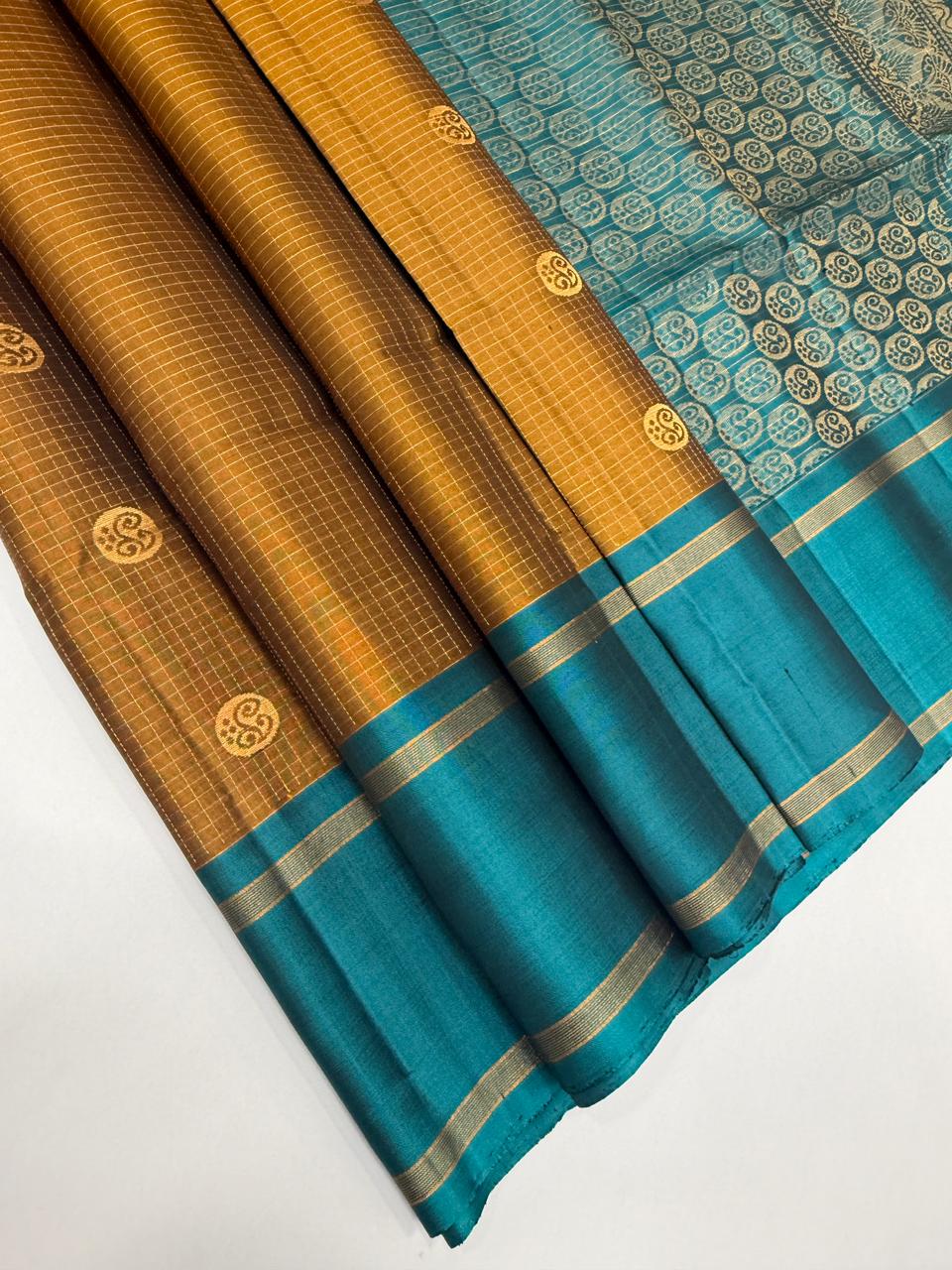 VSF1016 - honey brown color body & peacock blue color pallu,blouse - Pure silk saree