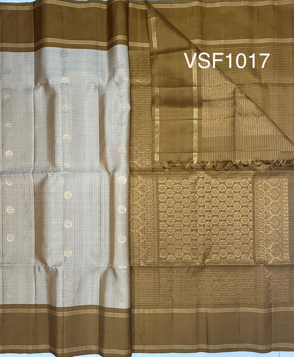 VSF1017 - beige color body & dark mustard color pallu,blouse - Pure silk saree