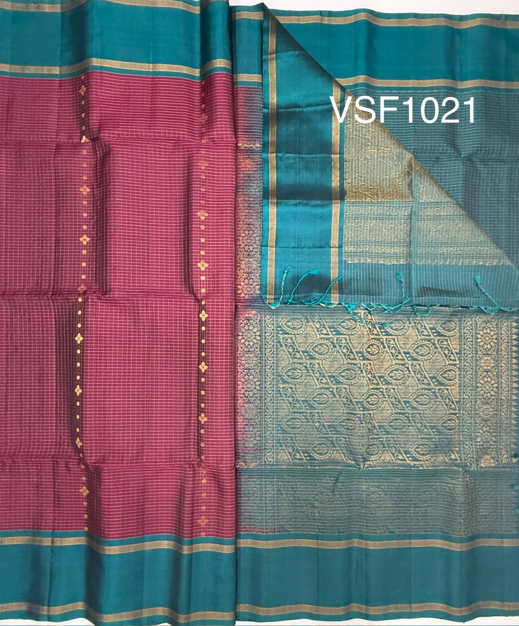 VSF1021 - purple color body & peacock blue color pallu,blouse - Pure silk saree