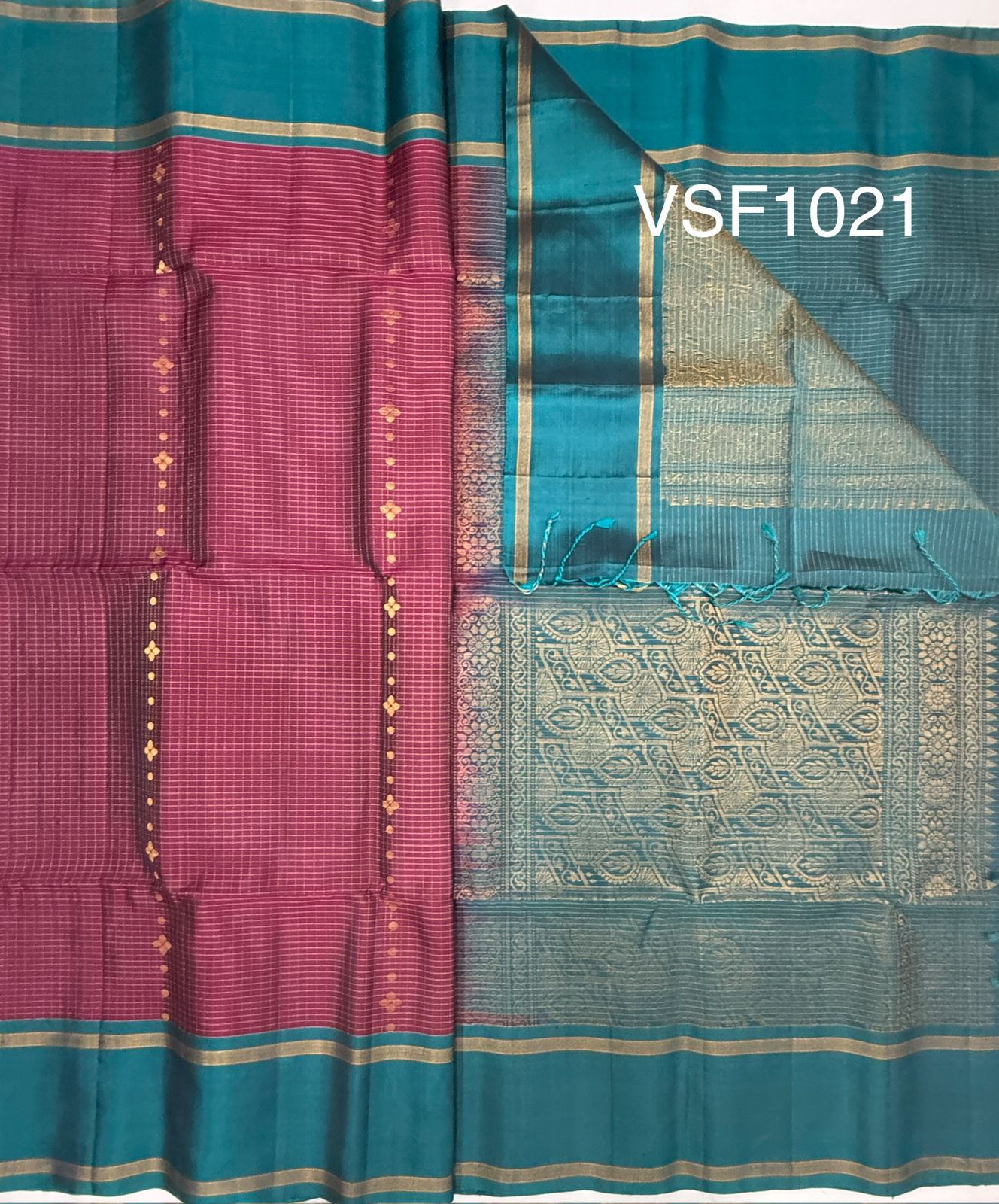 VSF1021 - purple color body & peacock blue color pallu,blouse - Pure silk saree