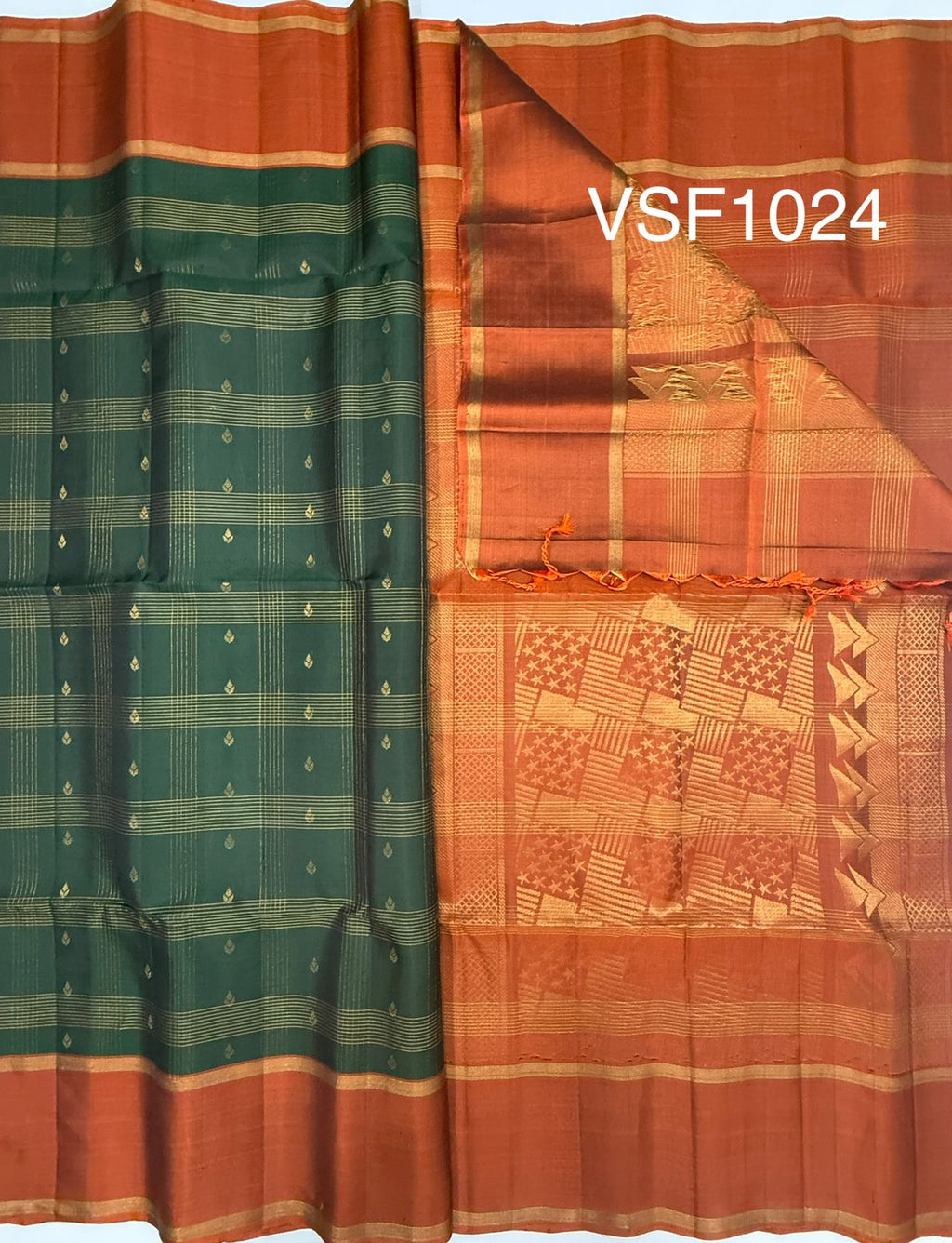 VSF1024 - bottle green color body & rust orange color pallu,blouse - Pure silk saree