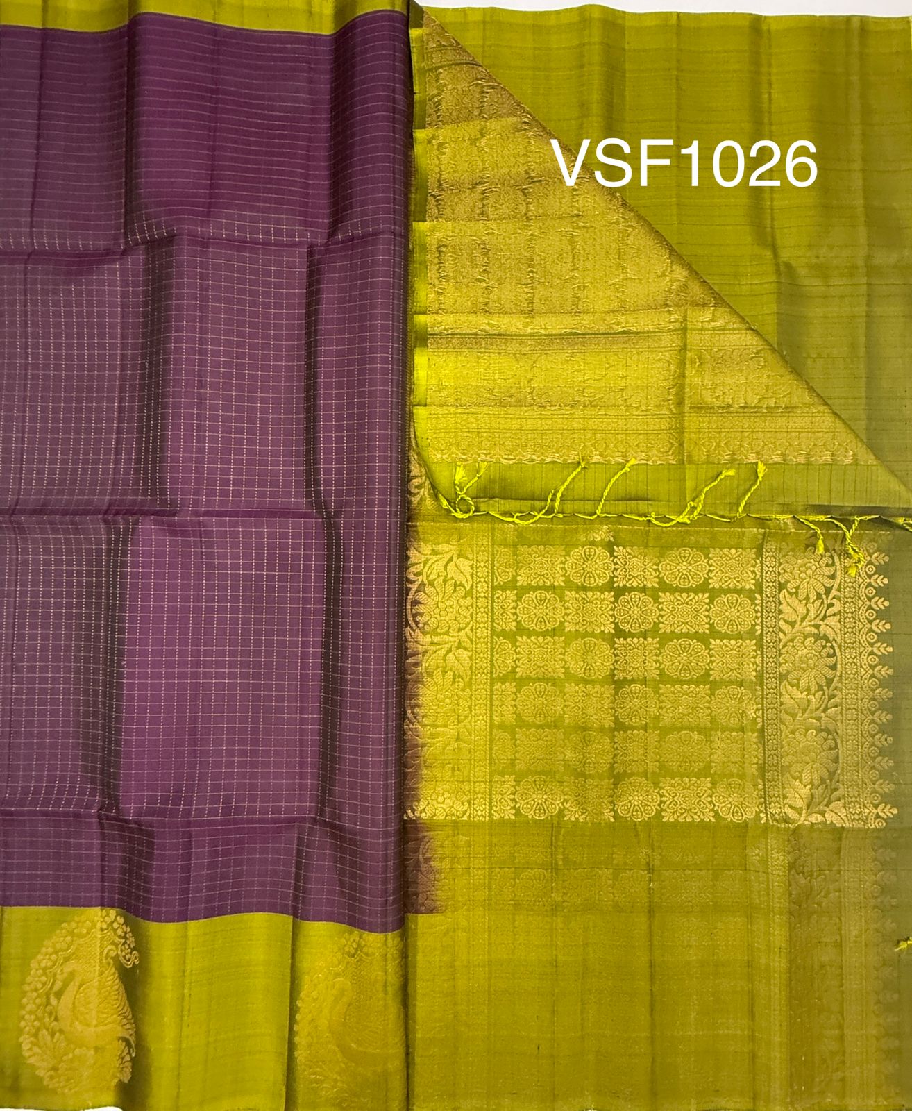 VSF1026 - dark violet color body & olive green color pallu,blouse - Pure silk saree