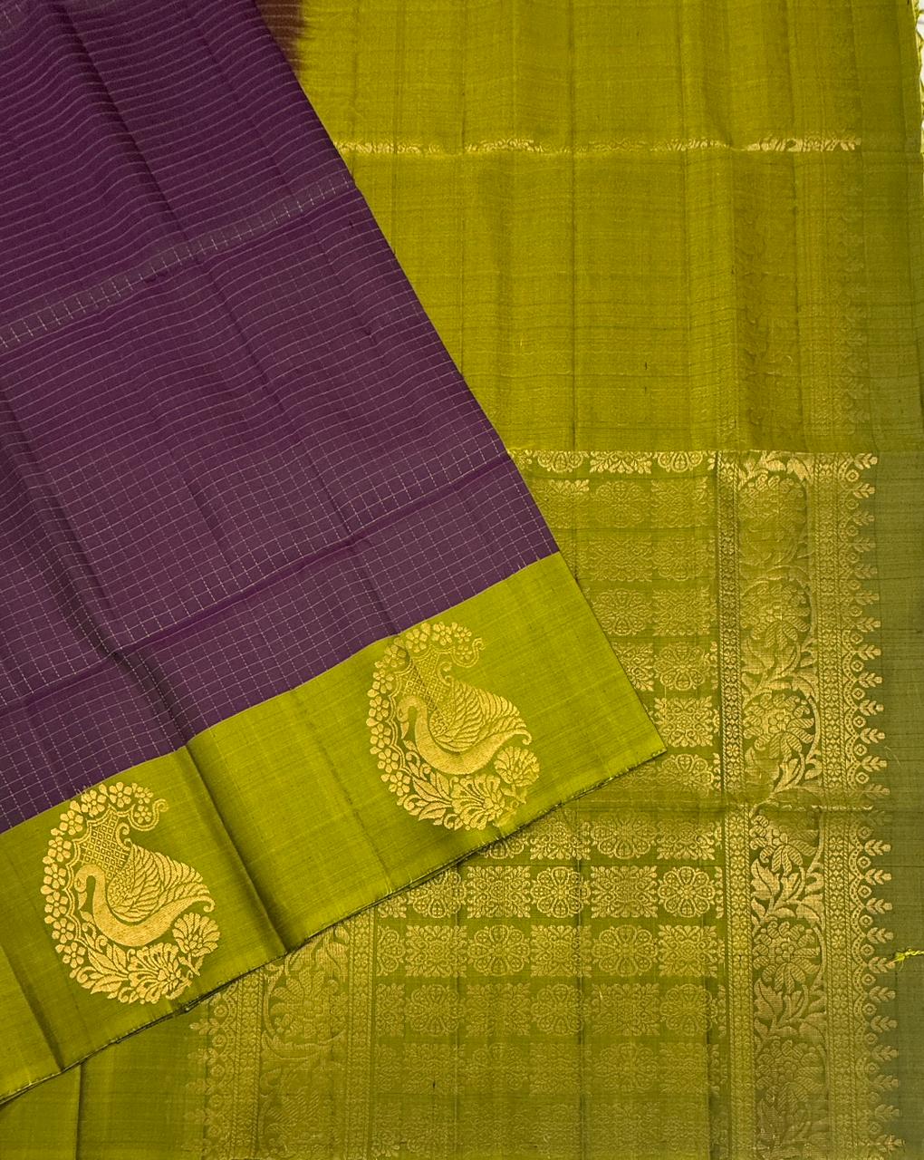 VSF1026 - dark violet color body & olive green color pallu,blouse - Pure silk saree