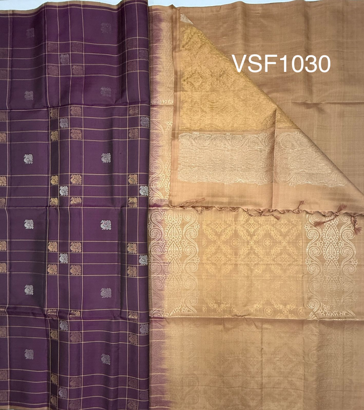 VSF1030 - wine color body &amp; biscuit brown color pallu,blouse - Pure silk saree