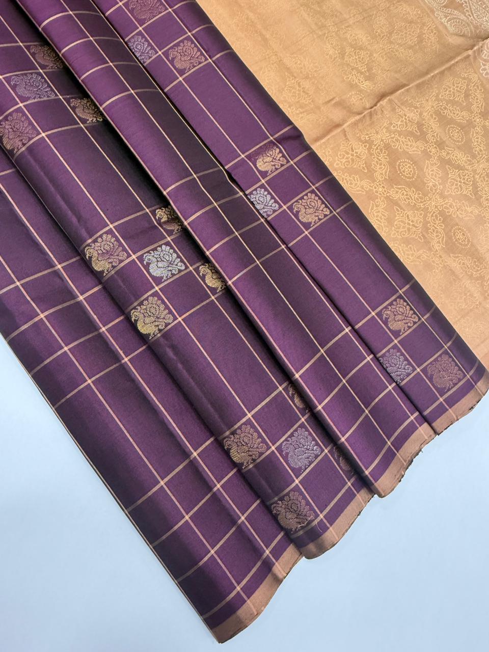 VSF1030 - wine color body &amp; biscuit brown color pallu,blouse - Pure silk saree