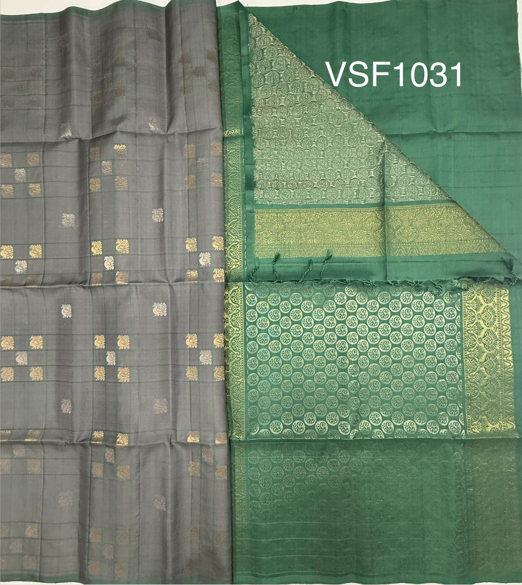 VSF1031 - pastel grey color body &amp; pastel green color pallu,blouse - Pure silk saree