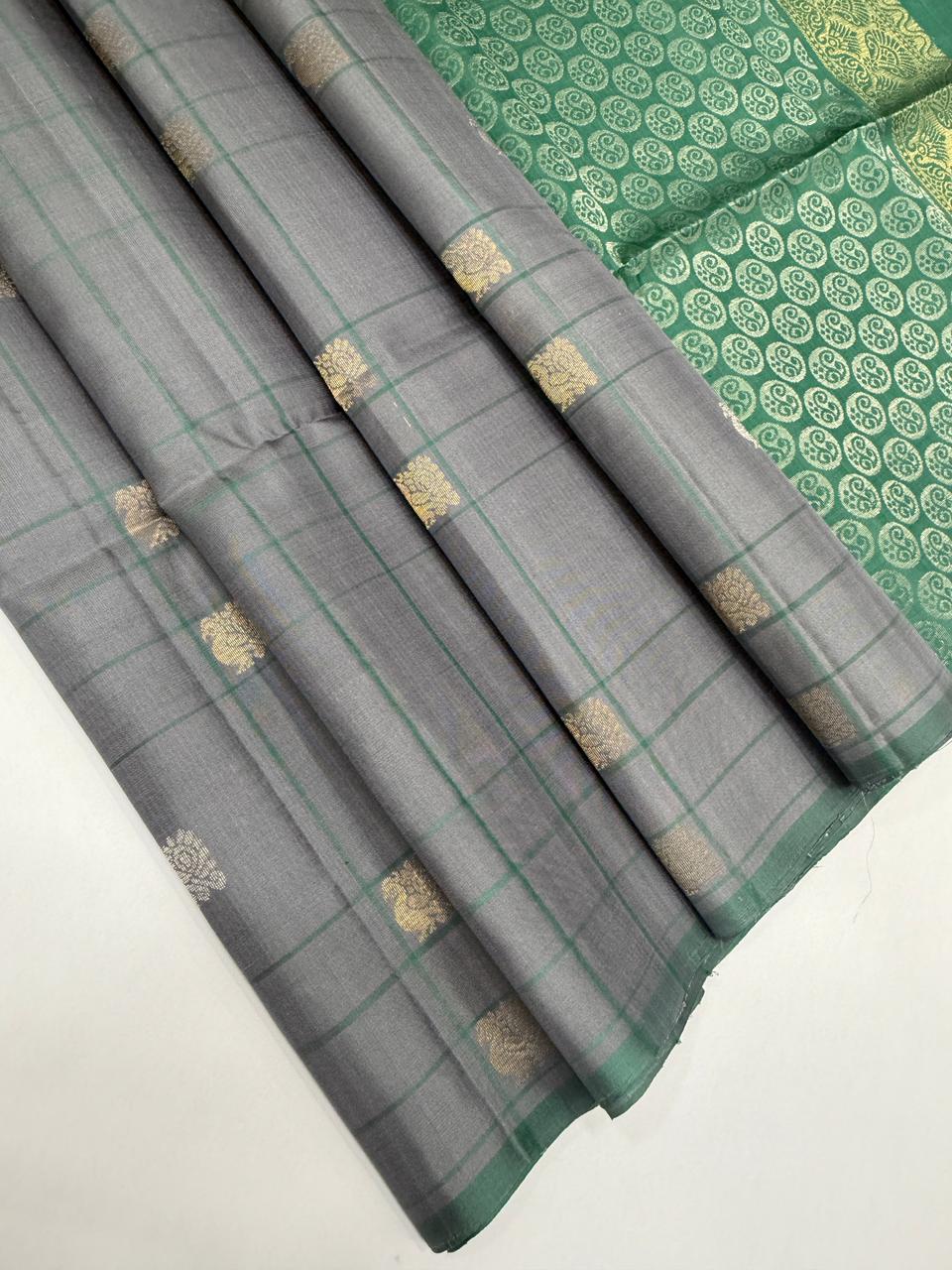 VSF1031 - pastel grey color body &amp; pastel green color pallu,blouse - Pure silk saree