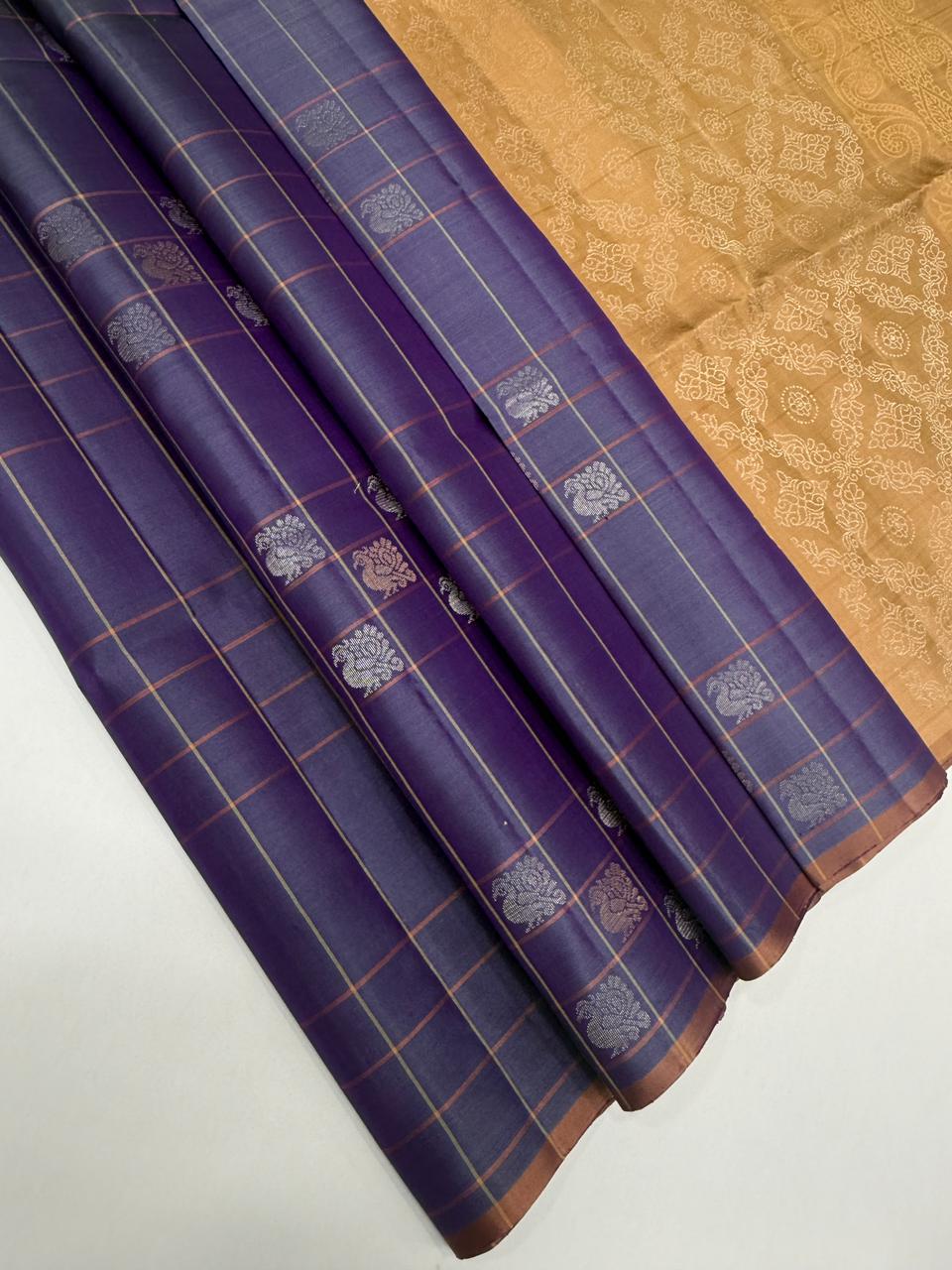 VSF1033 - dark lavender color body &amp; biscuit brown color pallu,blouse - Pure silk saree