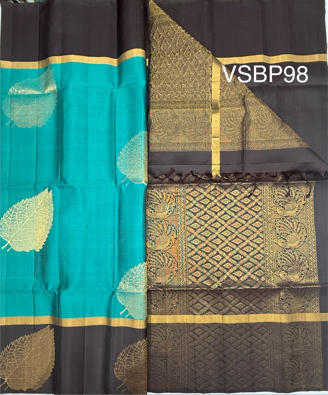 VSBP98 - peacock green color body & coffee brown color pallu,blouse - Pure silk saree