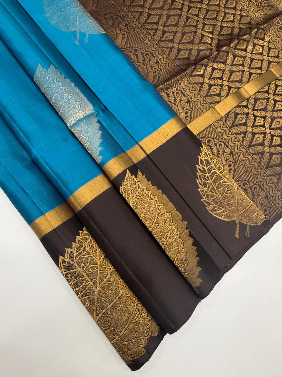VSBP100 - peacock blue color body & coffee brown color pallu,blouse - Pure silk saree