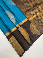 VSBP100 - peacock blue color body & coffee brown color pallu,blouse - Pure silk saree