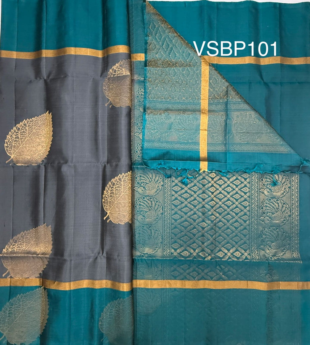 VSBP101 - dark grey color body & peacock blue color pallu,blouse - Pure silk saree