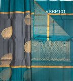 VSBP101 - dark grey color body & peacock blue color pallu,blouse - Pure silk saree