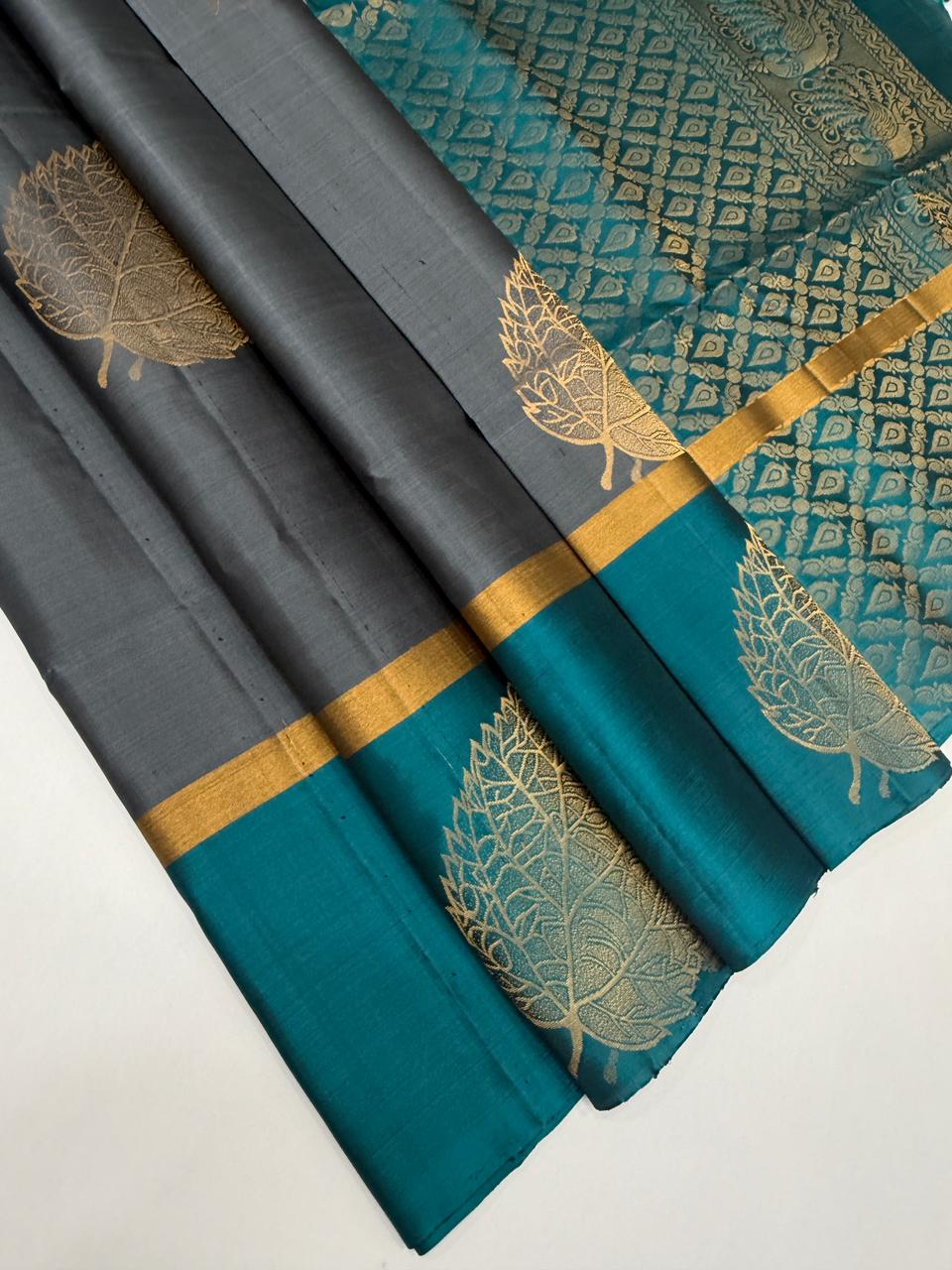 VSBP101 - dark grey color body & peacock blue color pallu,blouse - Pure silk saree