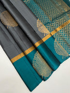 VSBP101 - dark grey color body & peacock blue color pallu,blouse - Pure silk saree