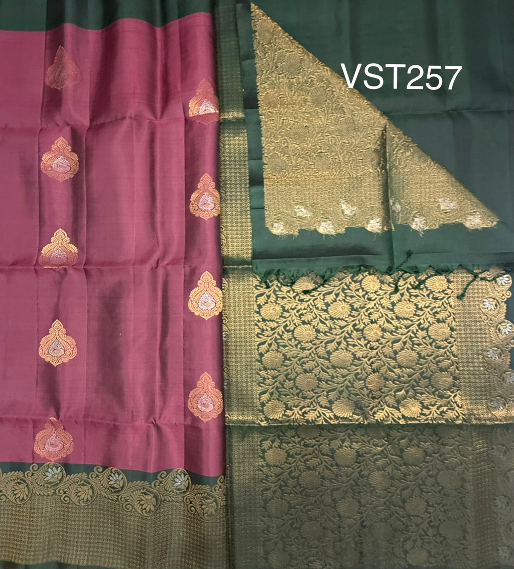 VST257 - dusky pink color body , bottle green color pallu , blouse - Pure silk saree