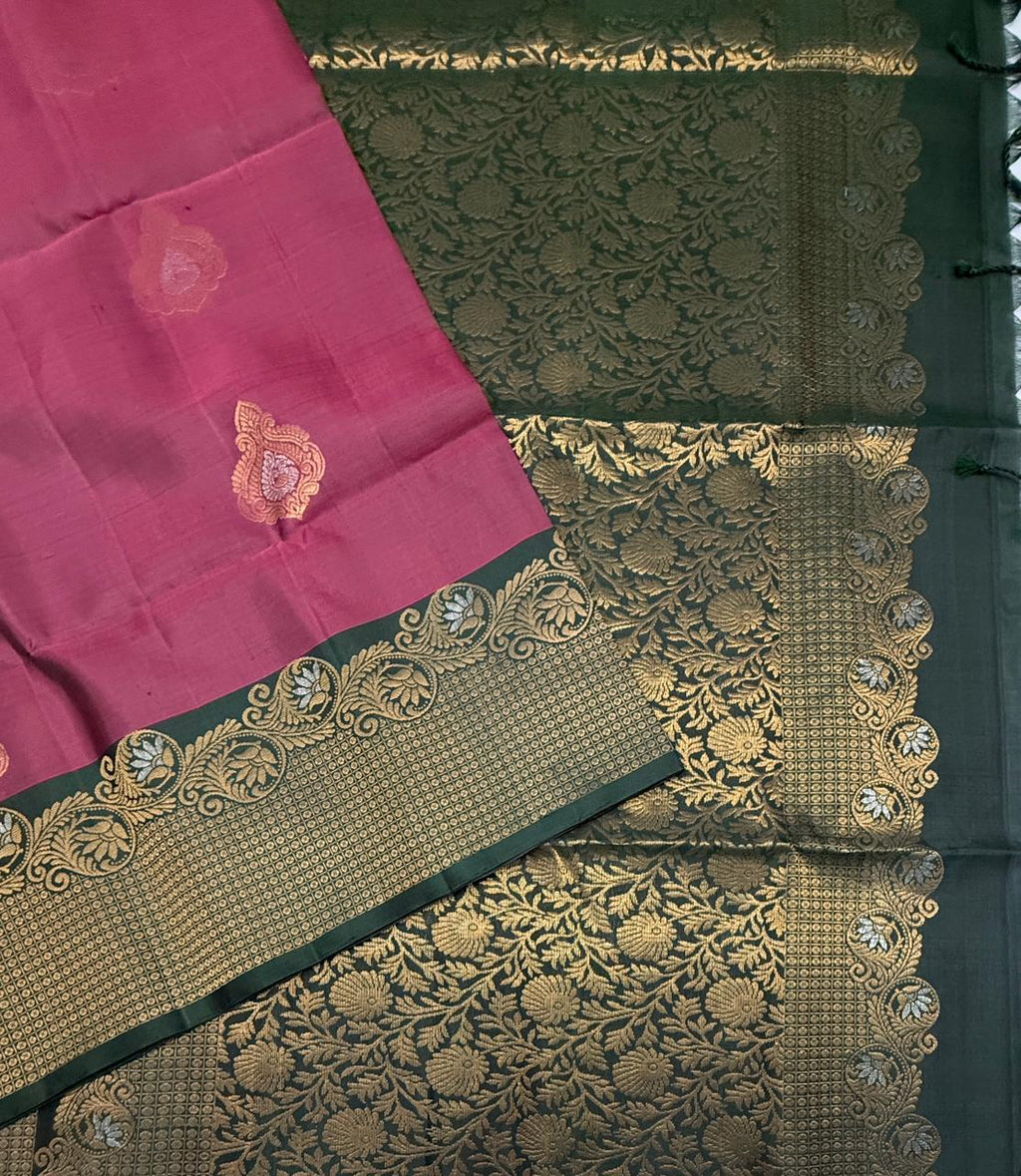VST257 - dusky pink color body , bottle green color pallu , blouse - Pure silk saree