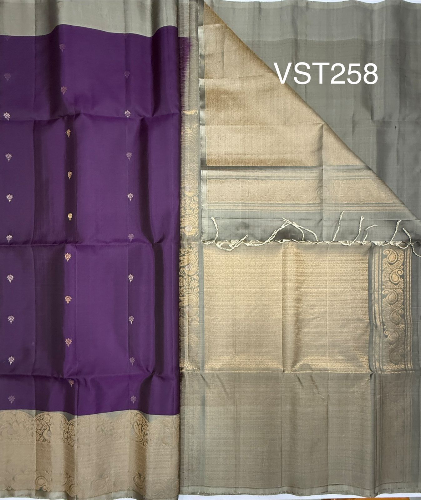 VST258 - dark violet color body , pastel grey color pallu , blouse - Pure silk saree