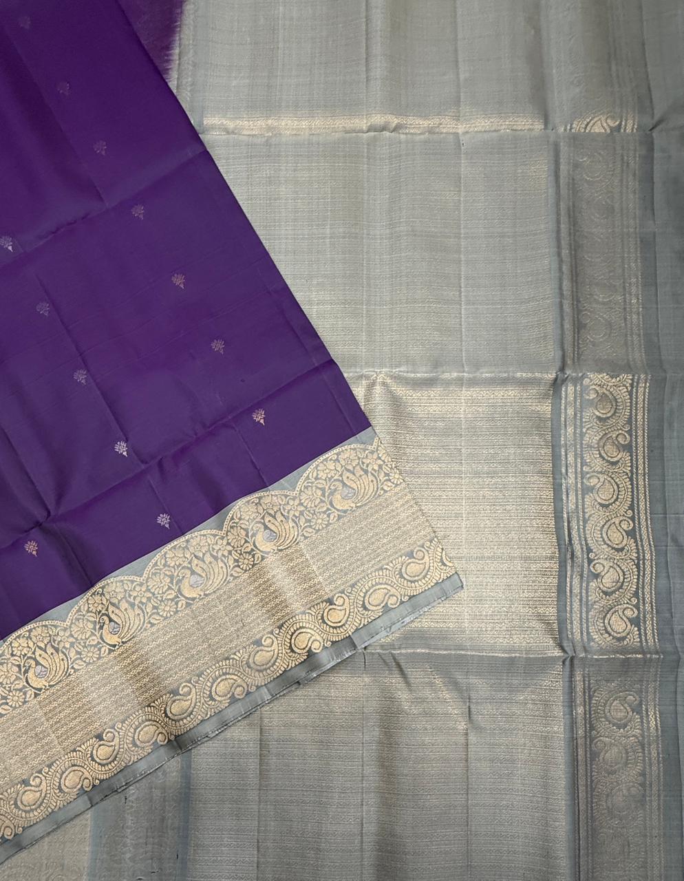 VST258 - dark violet color body , pastel grey color pallu , blouse - Pure silk saree