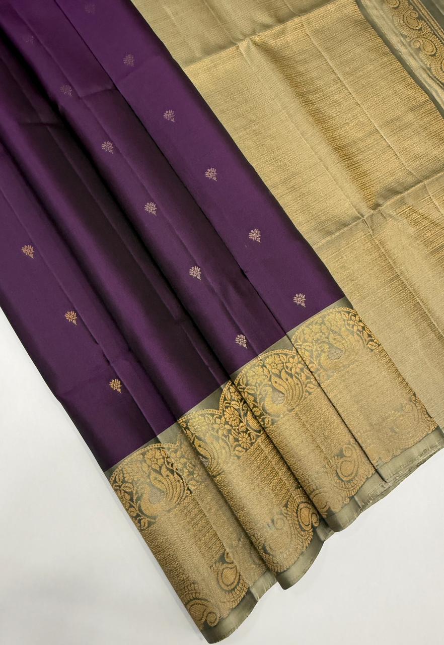 VST258 - dark violet color body , pastel grey color pallu , blouse - Pure silk saree