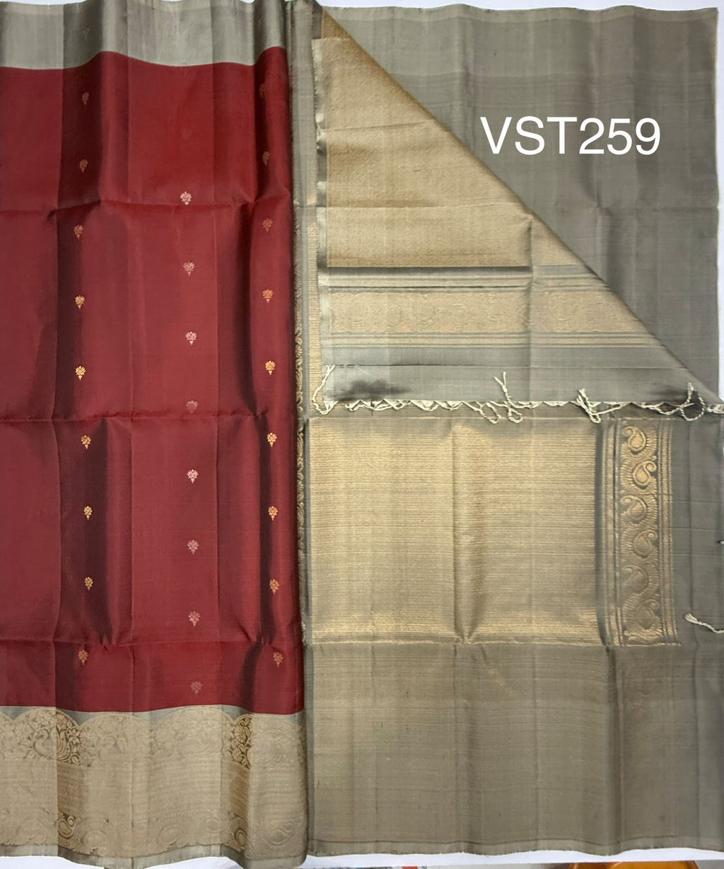 VST259 - maroon color body , pastel grey color pallu , blouse - Pure silk saree