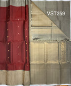 VST259 - maroon color body , pastel grey color pallu , blouse - Pure silk saree