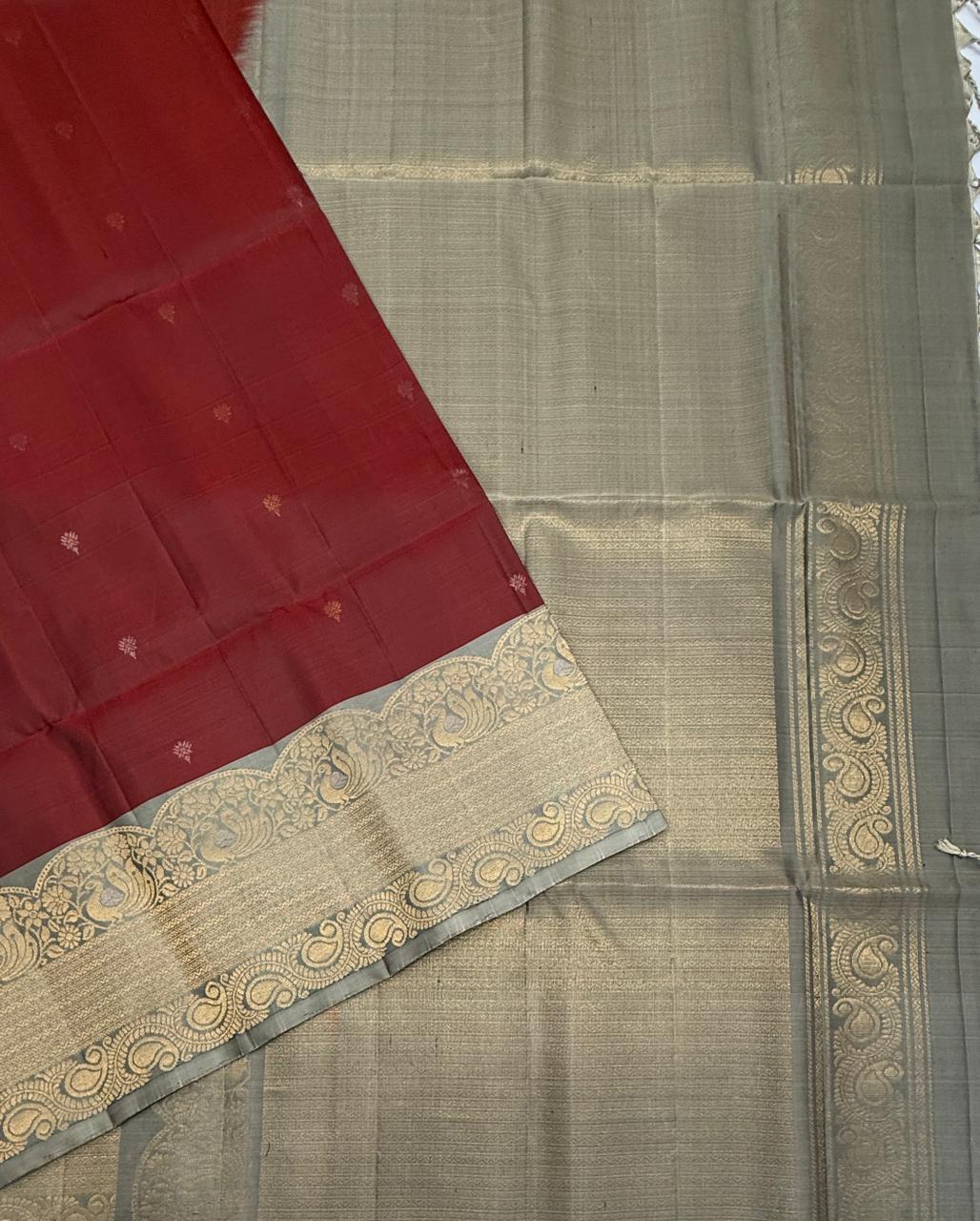VST259 - maroon color body , pastel grey color pallu , blouse - Pure silk saree