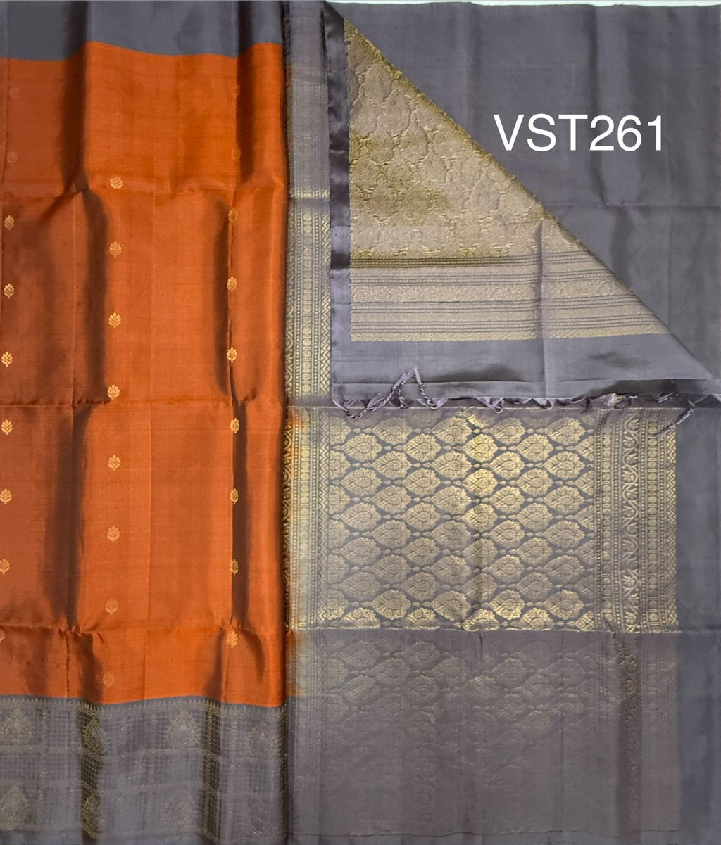 VST261 - brick red color body , lavender color pallu , blouse - Pure silk saree
