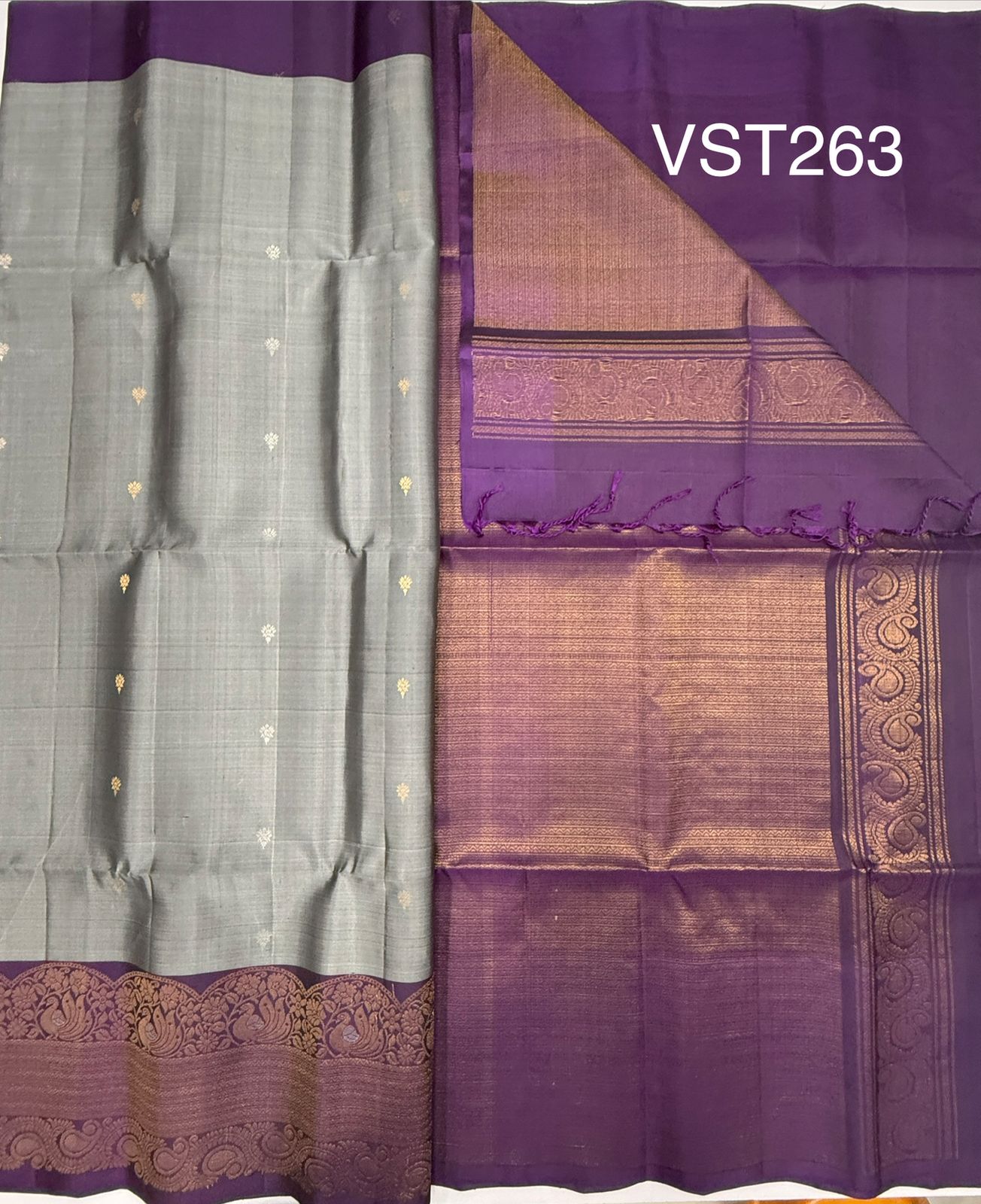 VST263 - grey color body , violet color pallu , blouse - Pure silk saree