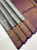 VST263 - grey color body , violet color pallu , blouse - Pure silk saree