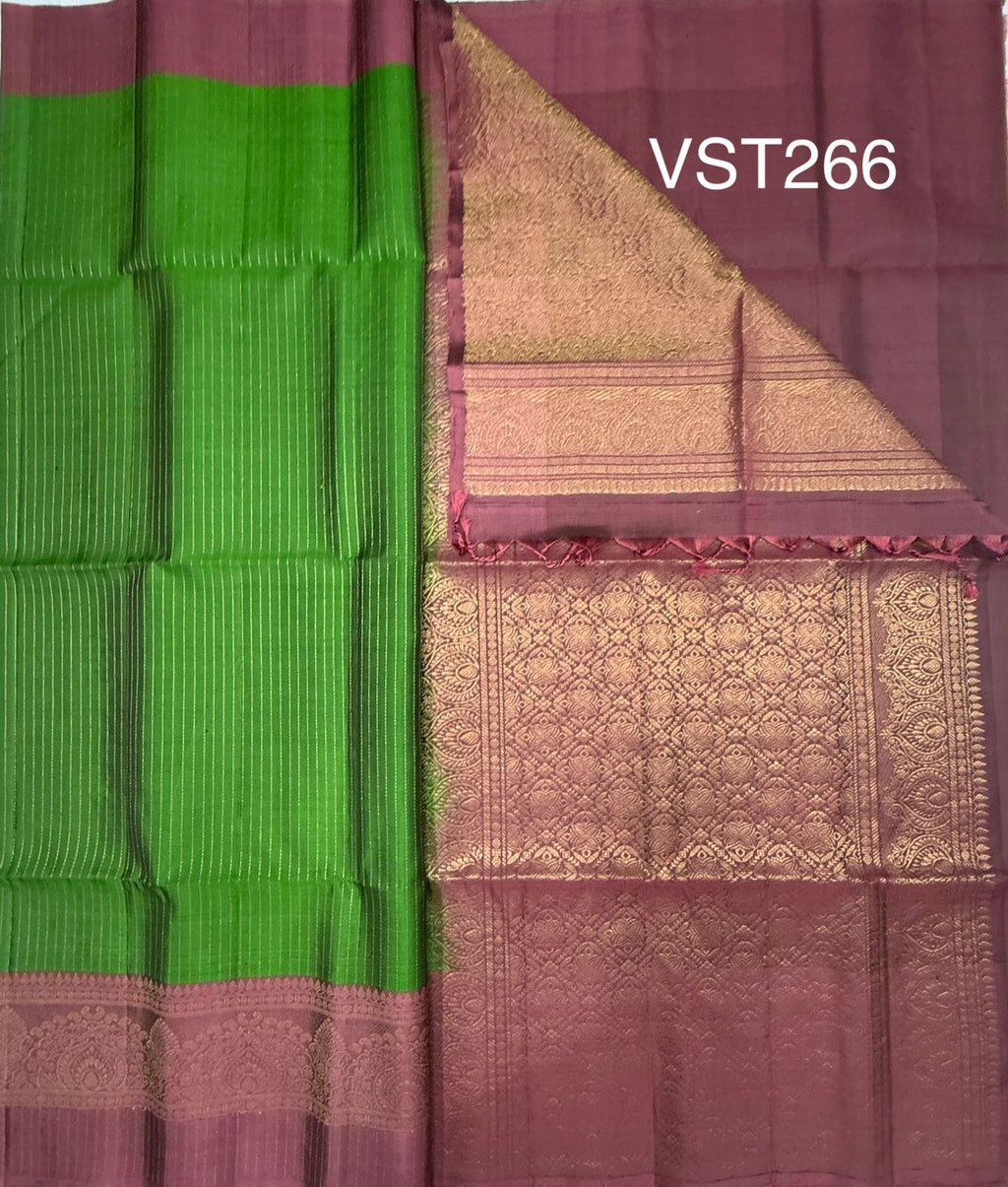 VST266 - green color body , dusky pink color pallu , blouse - Pure silk saree