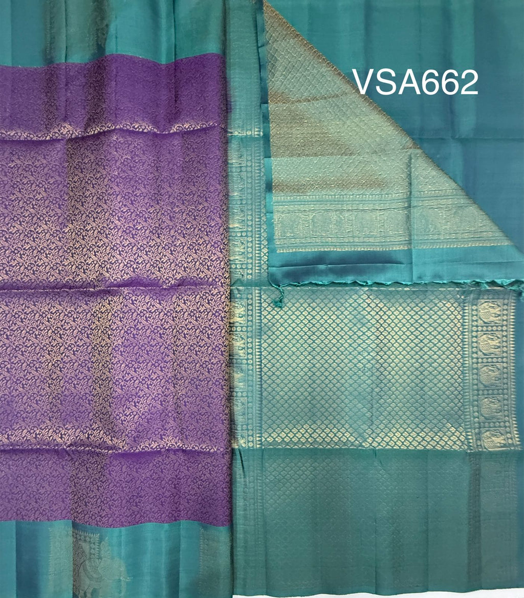 VSA662 - violet color body , pastel blue color pallu , blouse pure silk saree