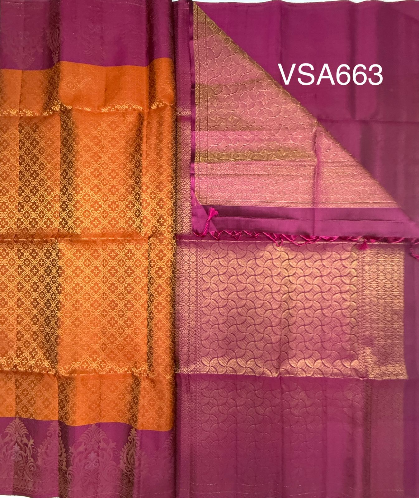 VSA663 - orange color body , purple color pallu , blouse pure silk saree