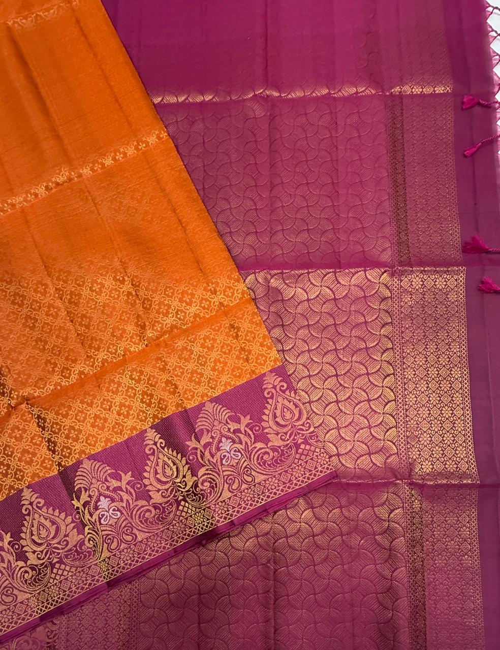VSA663 - orange color body , purple color pallu , blouse pure silk saree