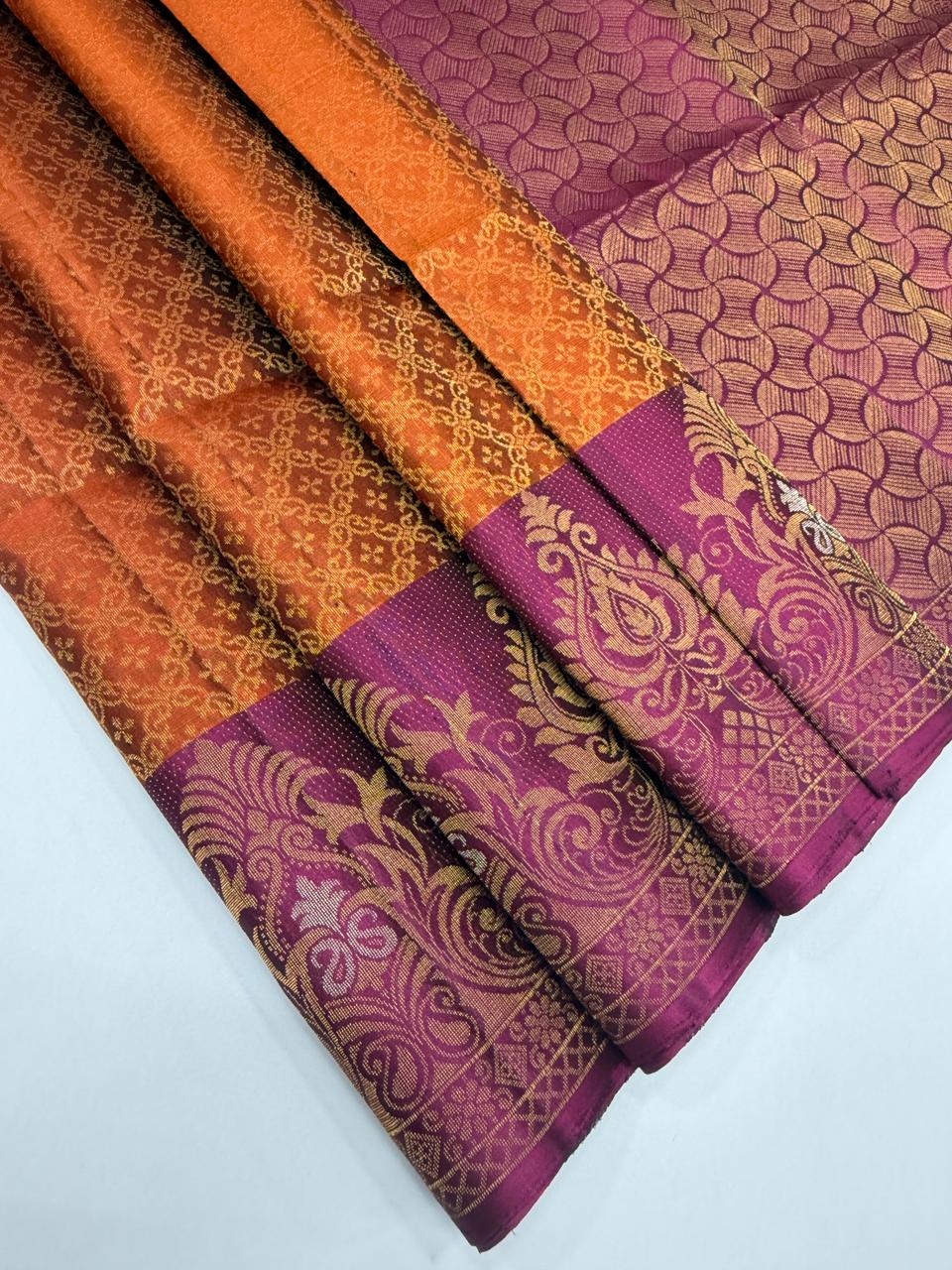 VSA663 - orange color body , purple color pallu , blouse pure silk saree