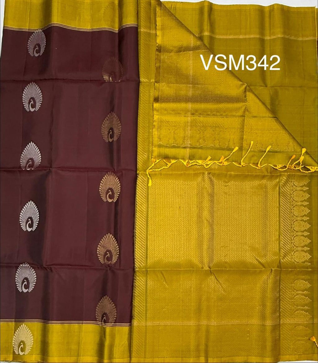 VSM342 - dark maroon color body , yellow with green color pallu , blouse&nbsp;