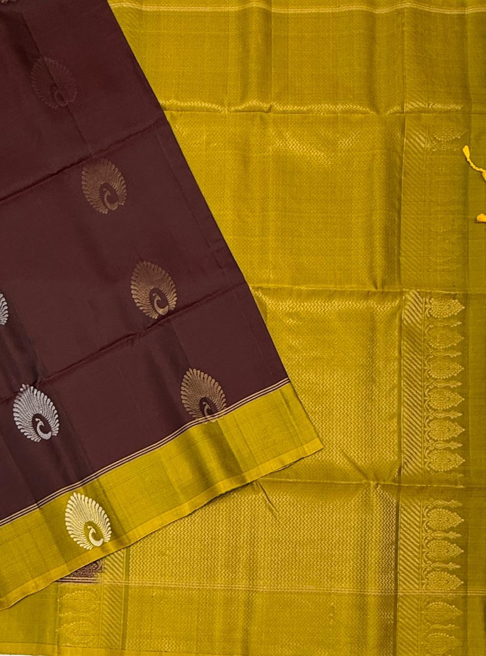 VSM342 - dark maroon color body , yellow with green color pallu , blouse&nbsp;
