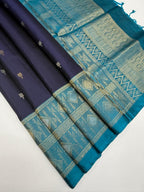 VST270 - navy blue color body , blue color pallu , blouse - Pure silk saree