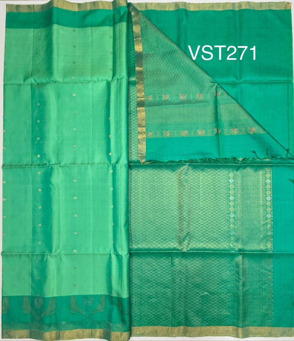 VST271 - bluish green color body ,pallu , blouse - Pure silk saree