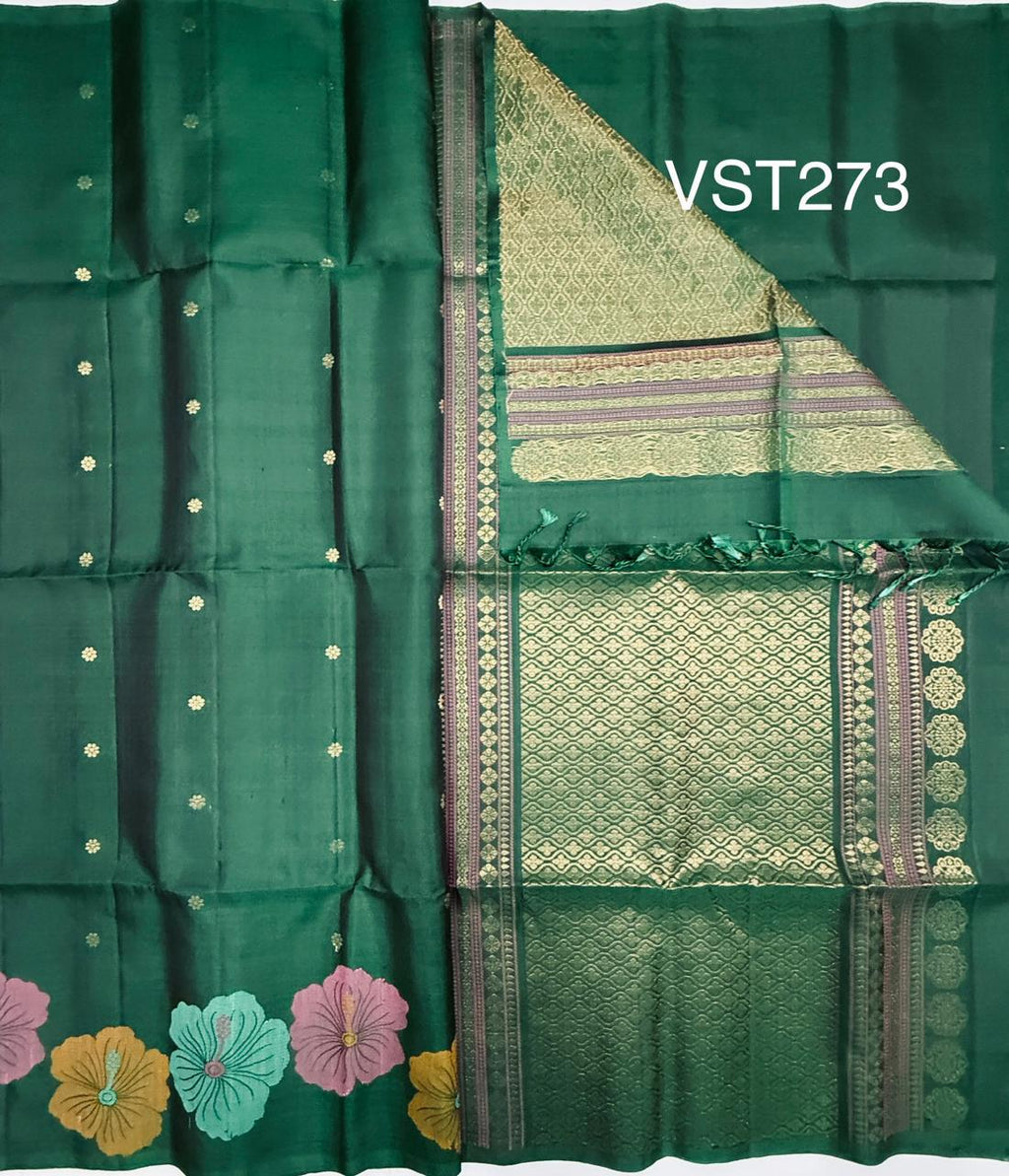 VST273 - bottle green color body , pallu , blouse - Pure silk saree
