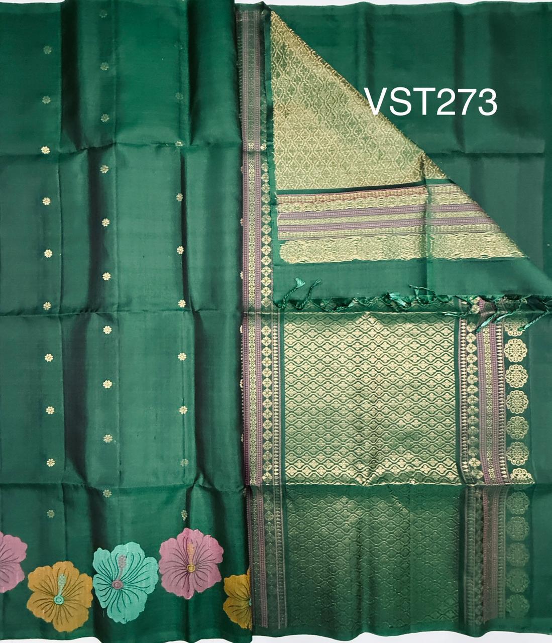 VST273 - bottle green color body , pallu , blouse - Pure silk saree