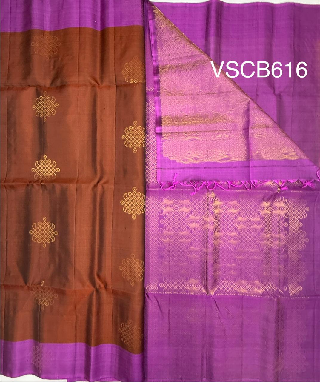 VSCB616 - rust orange color body , violet color pallu , blouse - Pure silk saree