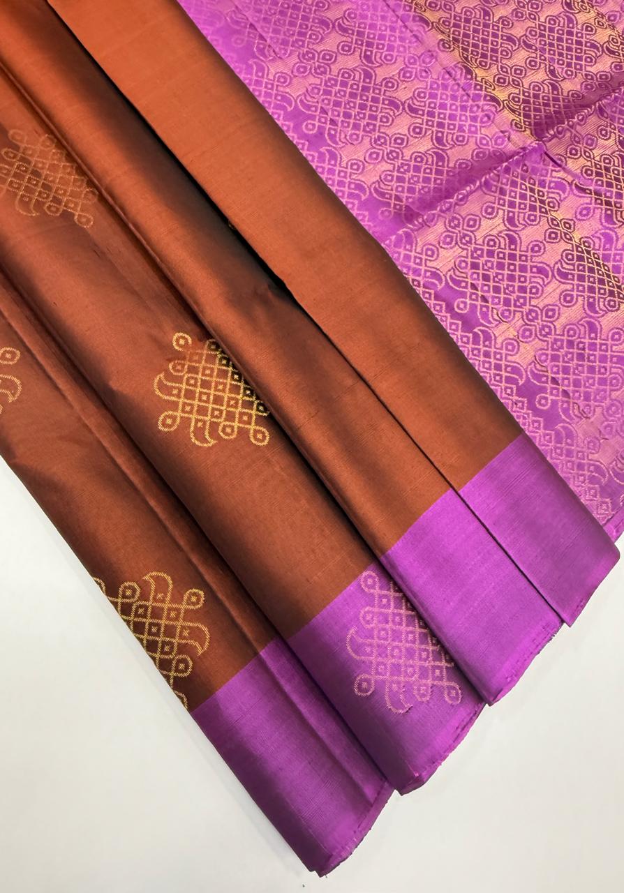 VSCB616 - rust orange color body , violet color pallu , blouse - Pure silk saree